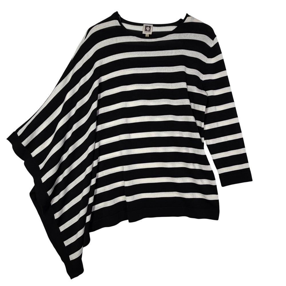 Anne Klein Womens Medium Black White Striped Asymmetrical Hem Knit Sweater Top